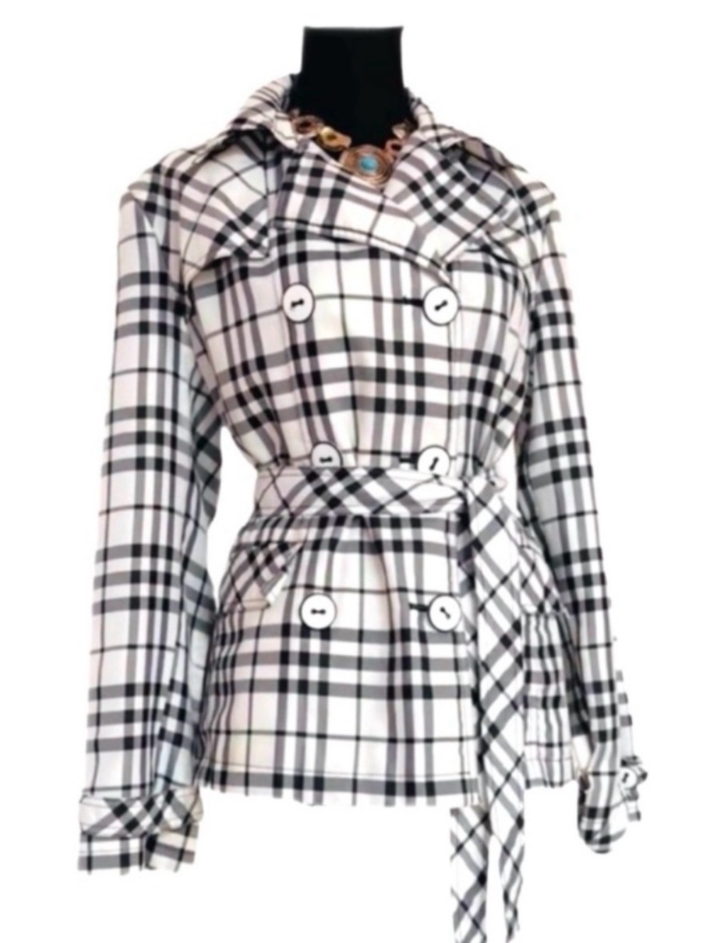 Cato Black White Plaid Belted Trench Coat Double Breasted size L - Picture 5 of 11